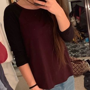 burgundy baseball tee with black sleeves
